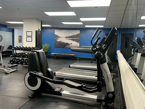 A gym with a rowing machine in the foreground.