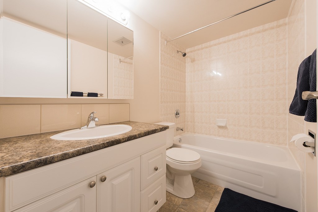 A white bathroom with a sink, toilet, and bathtub.