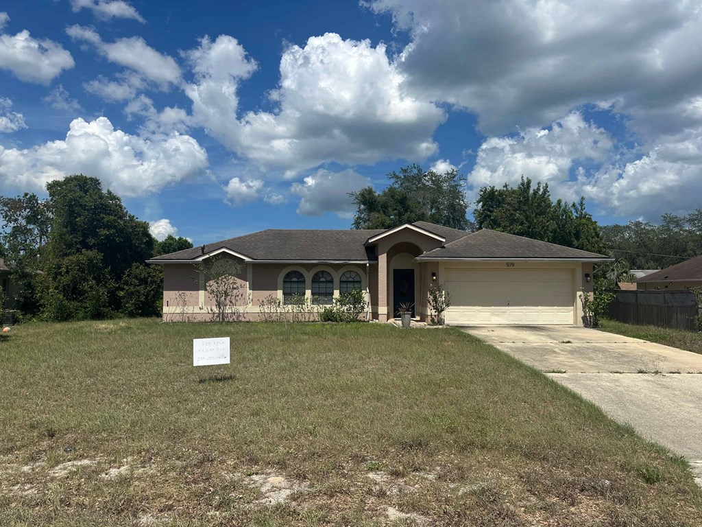 A house with a sign in front of it.