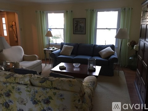 A living room with a blue couch and a floral sofa.