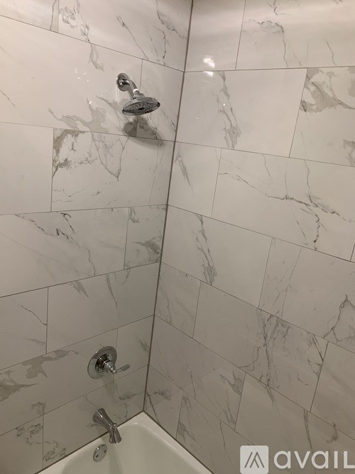 A shower with a silver faucet and a silver shower head.