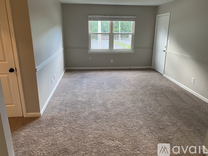 A carpeted room with a window and a door.