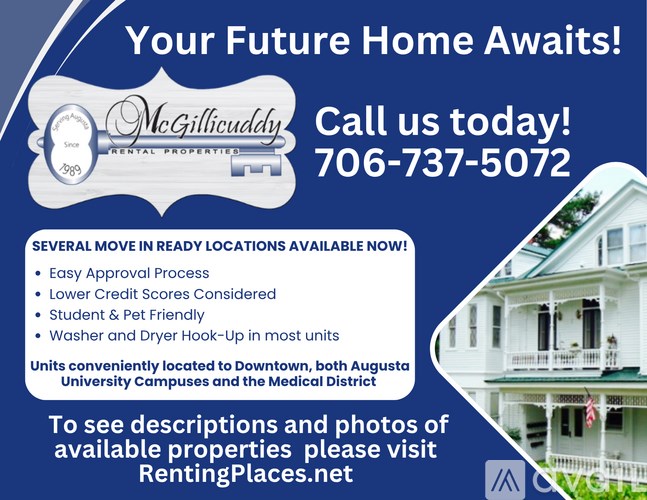 An advertisement for McGillicuddy Rental Properties offering move-in ready locations with a call to action to visit their website for more information.