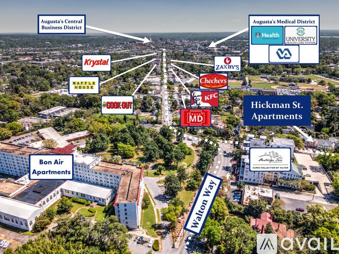 An aerial view of a city with Augusta's Central Business District and Augusta's Medical District labeled.