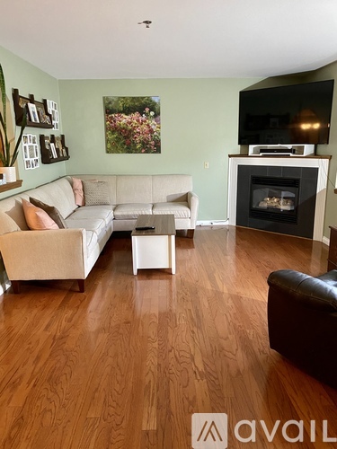 A living room with a couch, a chair, and a fireplace.
