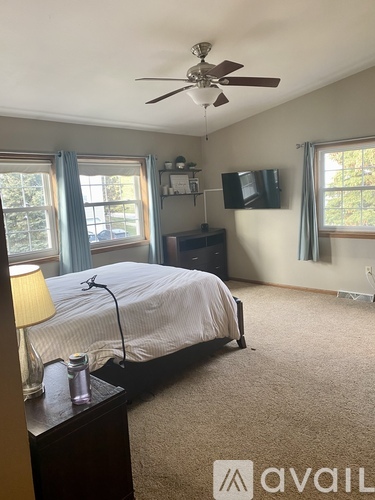 A bedroom with a bed, dresser, and a ceiling fan.