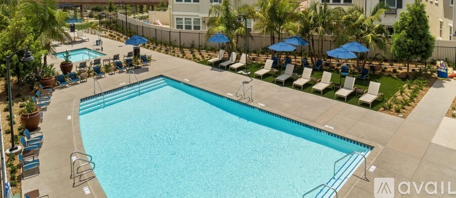 A large swimming pool surrounded by lounge chairs and umbrellas.