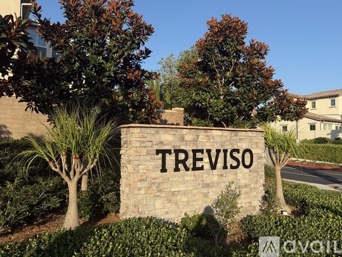 A stone sign that says Treviso in front of some trees.