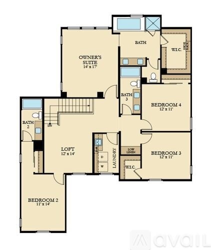 A floor plan of an apartment layout with four bedrooms and an owner's suite.