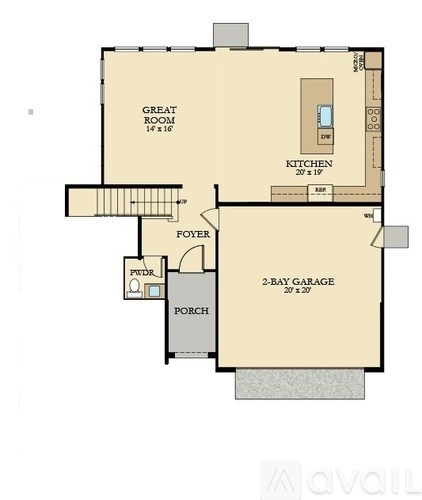 A floor plan of a house with a great room, kitchen, foyer, porch, and 2-bay garage.