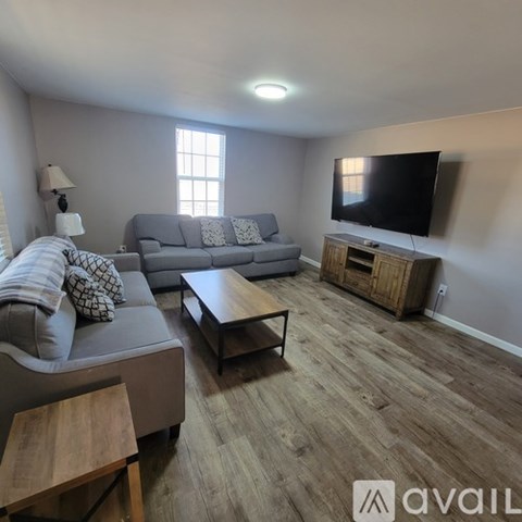 A living room with a grey couch, a wooden coffee table, and a television on a wooden stand.
