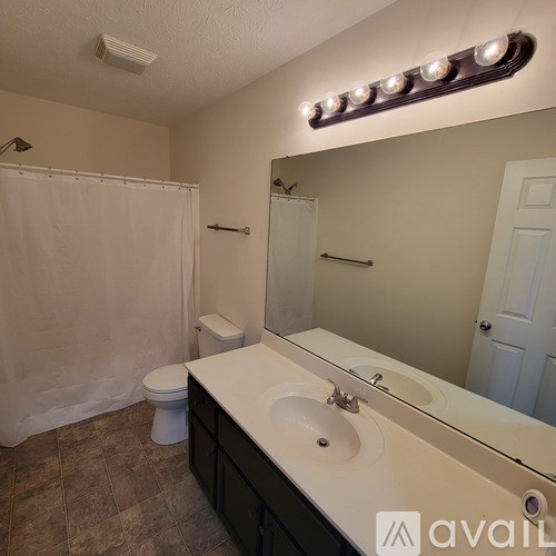 A bathroom with a toilet, sink, mirror, and shower curtain.