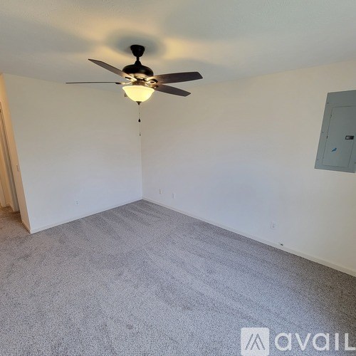 A room with a ceiling fan and carpeted floor.