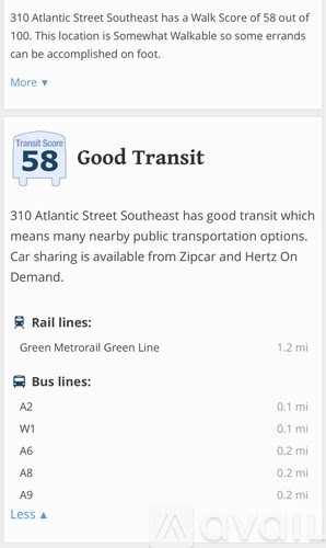 A screen shows a Walk Score of 58 for 310 Atlantic Street Southeast.