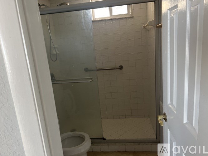 A bathroom with a toilet, shower, and a door.