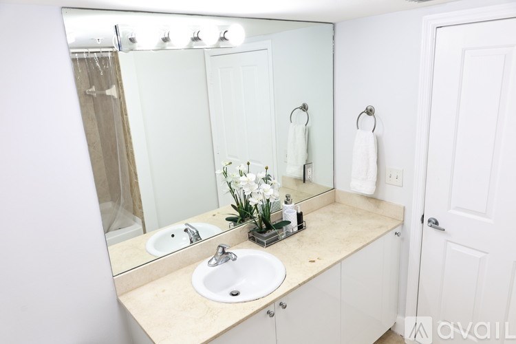A bathroom with a vanity, sink, mirror, and towel rack.