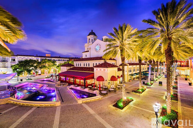 A beautifully lit plaza with a fountain and palm trees at night.