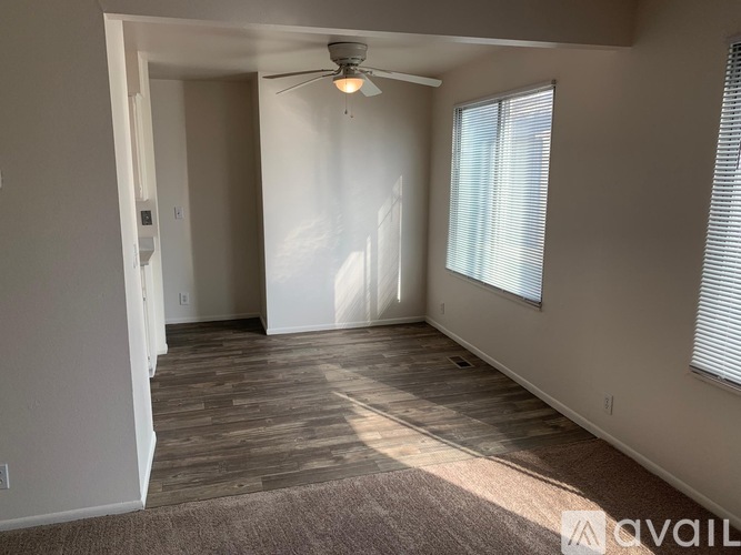 A room with a carpeted floor and a ceiling fan.