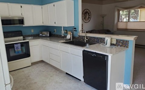 A kitchen with white cabinets and a black dishwasher.