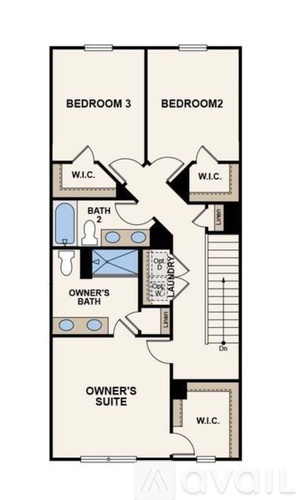 A floor plan of an apartment with two bedrooms, a bathroom, an owner's suite, and a laundry area.