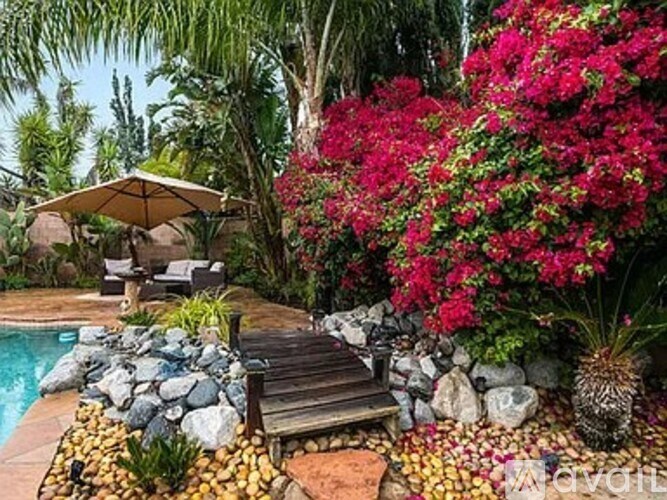 A pool surrounded by rocks and plants with a wooden deck.