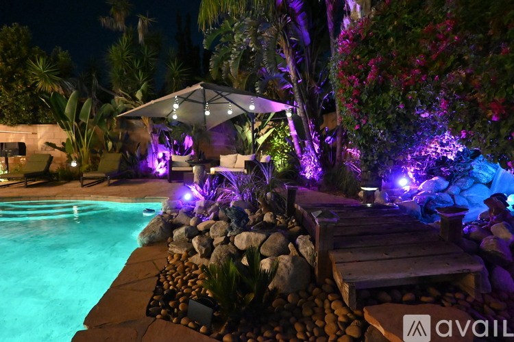A poolside area with a canopy and lights.
