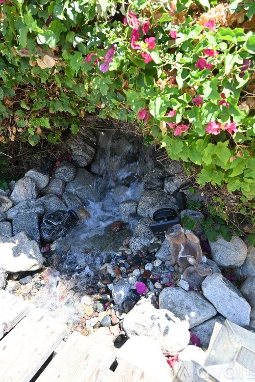 A small garden with a rocky area and a waterfall.