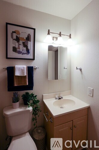 A bathroom with a toilet, sink, and mirror.