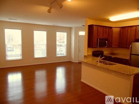 A kitchen with wooden cabinets and a countertop is available for rent.