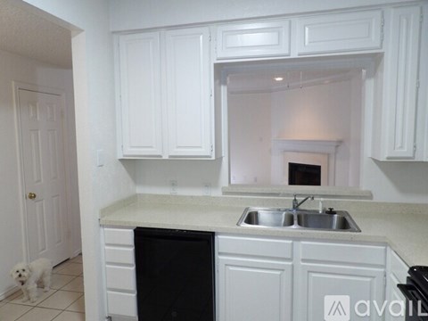 A dog is standing in a kitchen with white cabinets and a black dishwasher.