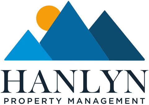 A logo for Hanlyn Property Management featuring blue mountains and a sun.