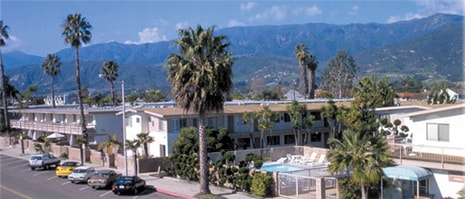 A street with cars and palm trees in front of a mountain.