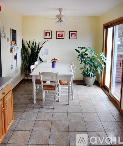 A kitchen with a table and chairs and a plant.