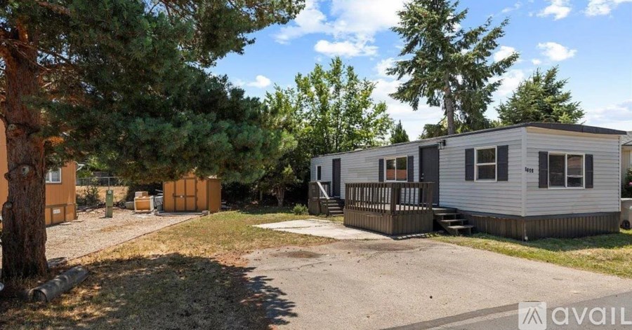 A row of mobile homes with trees in the background.