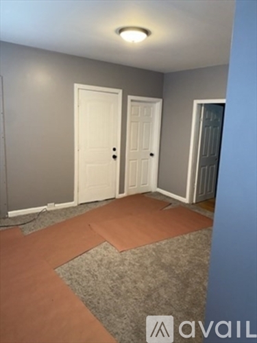 A room with two white doors and a carpeted floor.