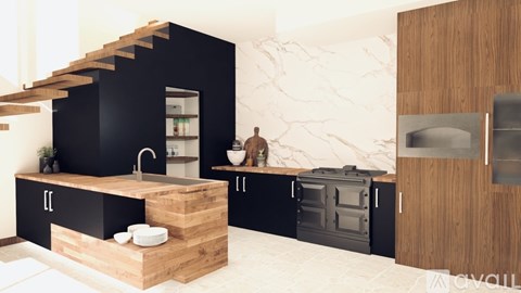 A modern kitchen with black cabinets and a wooden island.