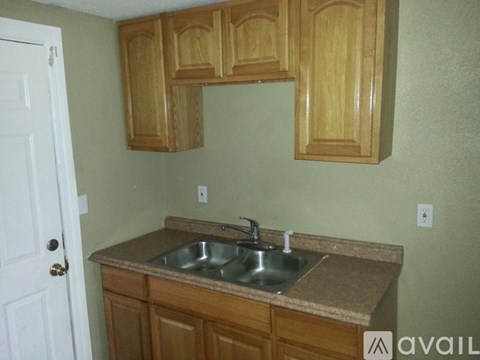 A kitchen with a sink and wooden cabinets.