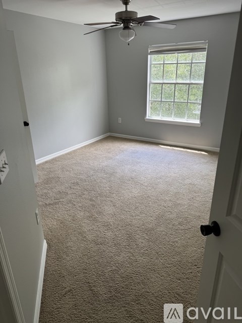 A room with a carpeted floor, a ceiling fan, and a window showing greenery outside.