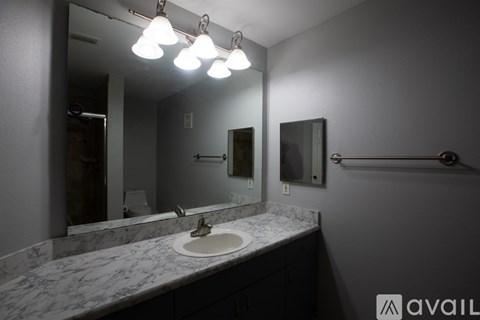 A bathroom with a marble countertop and a large mirror.