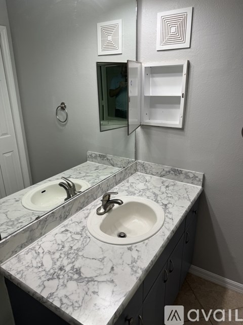 A bathroom with two sinks and a mirror.