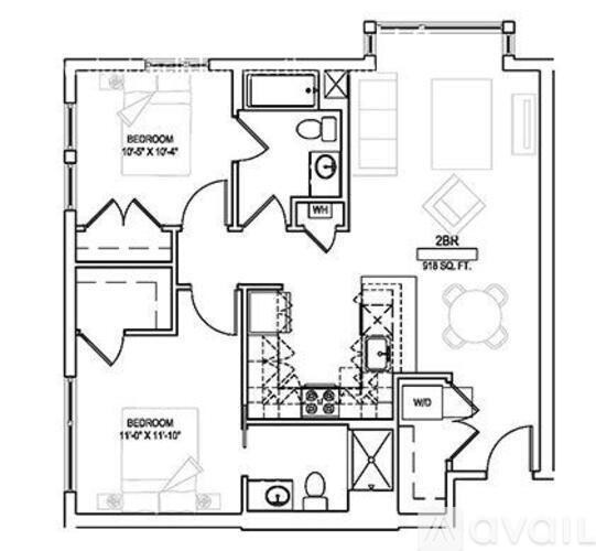 A floor plan of a two bedroom apartment with a living room and a kitchen.