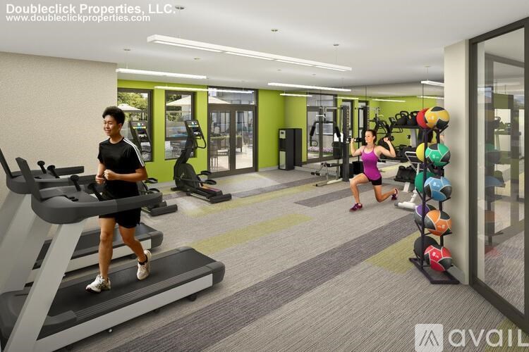 A gym with people exercising and a logo that says "available".