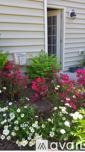 A flower bed in front of a house with a sign that says "Avant".