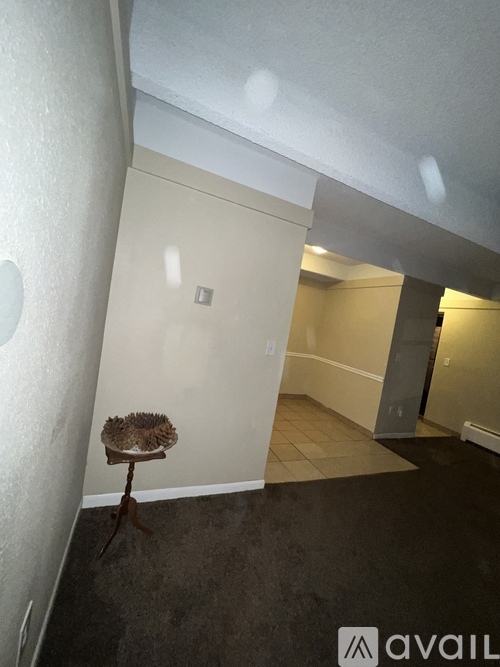 A room with a carpeted floor and a small table with a flower on it.