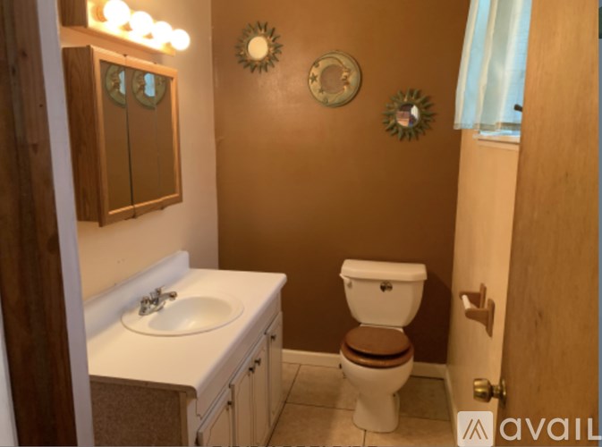 A bathroom with brown walls and a white toilet.