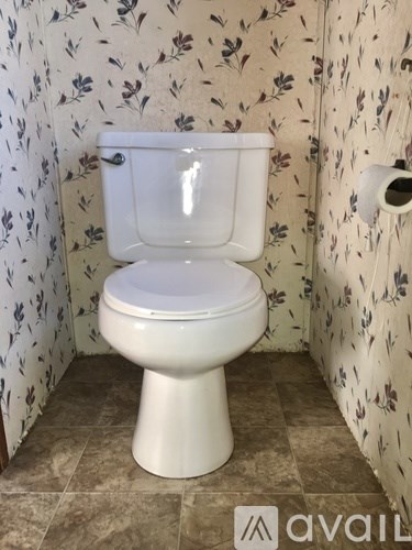 A white toilet with a closed lid is in a bathroom with floral wallpaper.