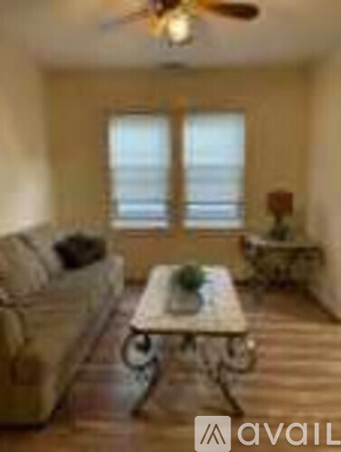 A living room with a couch, a coffee table, and a ceiling fan.