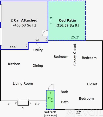 A diagram of a living space with a kitchen, dining area, two bedrooms, a bathroom, and a carport.