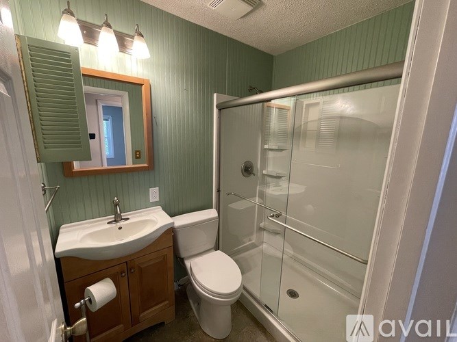 A bathroom with green walls, a white toilet, a sink, and a glass shower stall.