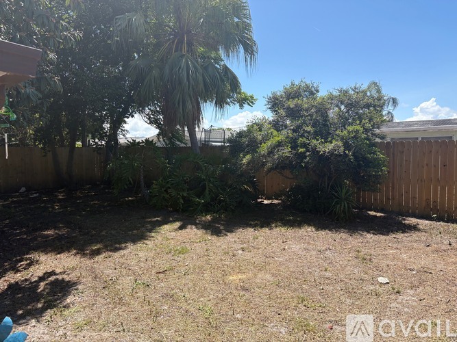 A backyard with a fence, trees, and a clear sky.